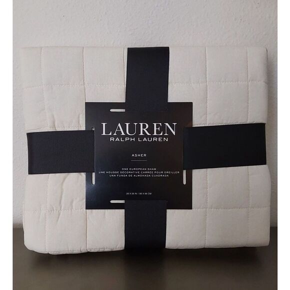 Ralph Lauren ASHER Ivory Cotton Poly Fiberfill Quilted European Euro Pillow Sham - Picture 1 of 9